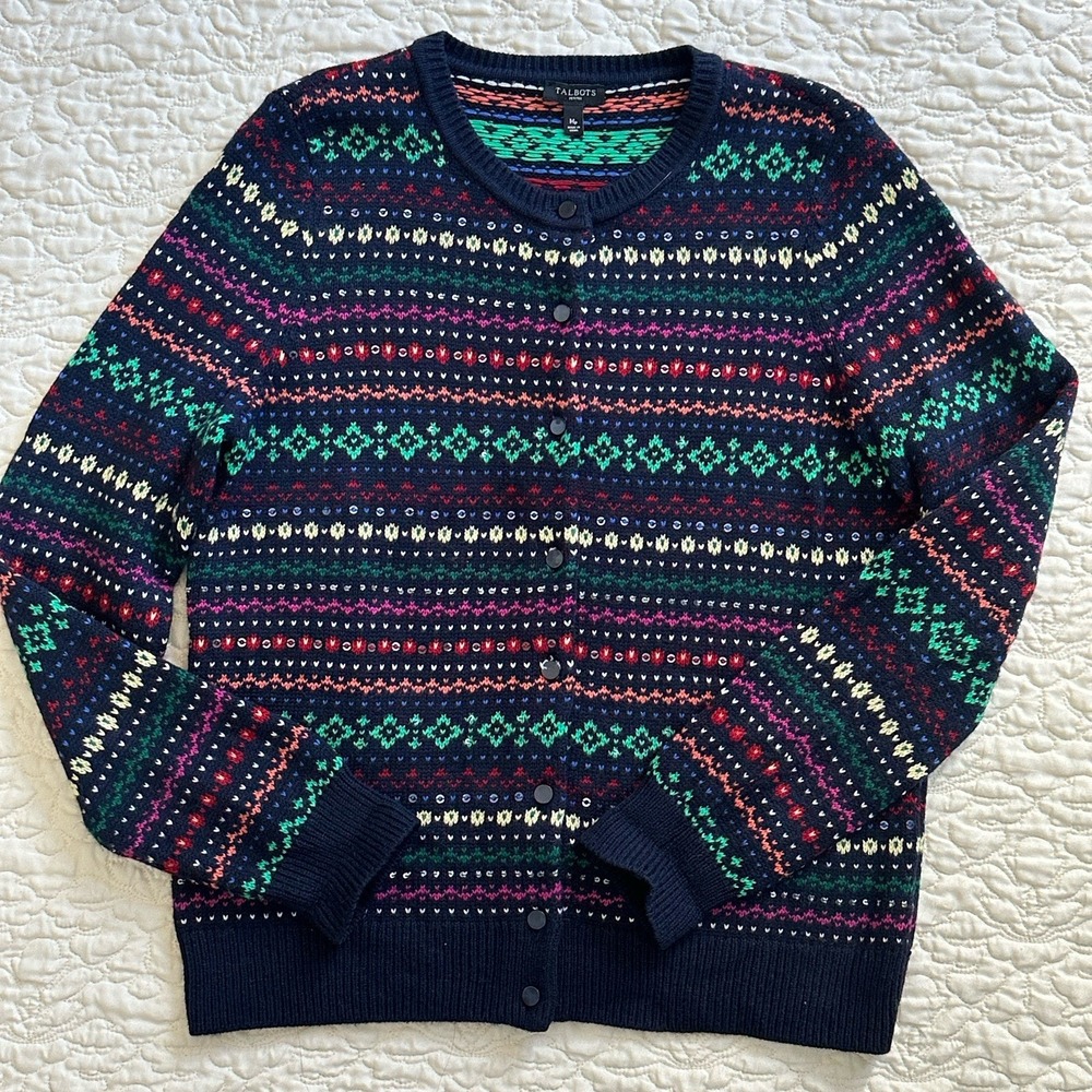 Talbots Fair Isle Cardigan Sweater Women's Medium Petite Lambswool Blend‎  Multi